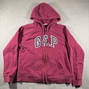 GAP Mens Full Zip Hoodie Burgundy Maroon Spellout Fleece Lined Sweatshirt Medium